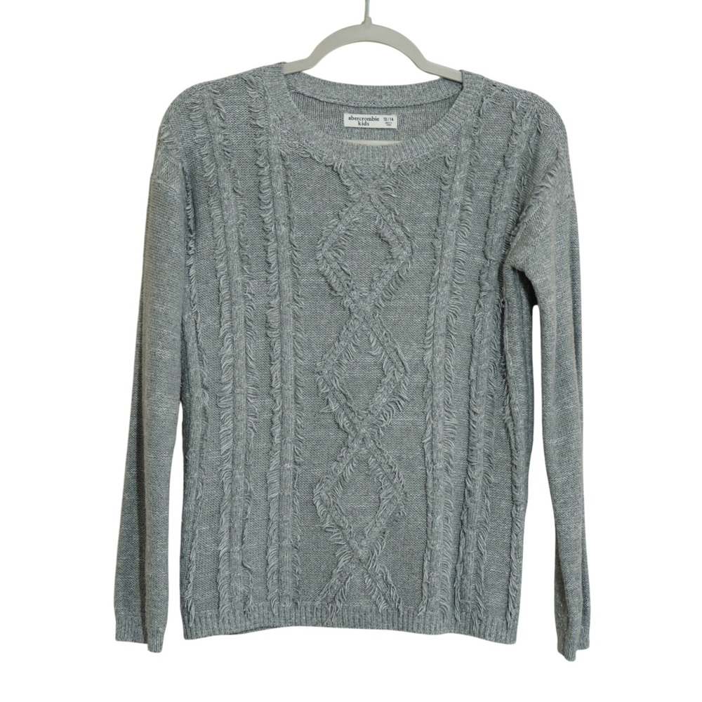 Abercrombie Kids Girls 13/14 Gray Fringe Cable Knit Crewneck Sweater Preppy Soft
